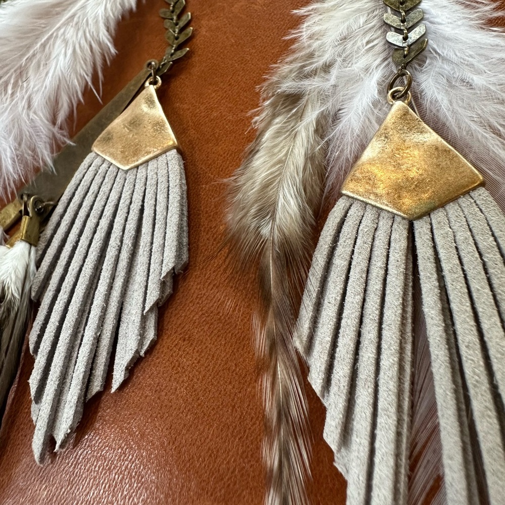 Suede Fringe Arrow Feather Antique Brass Bohemian Statement Earrings - Picture 7 of 11